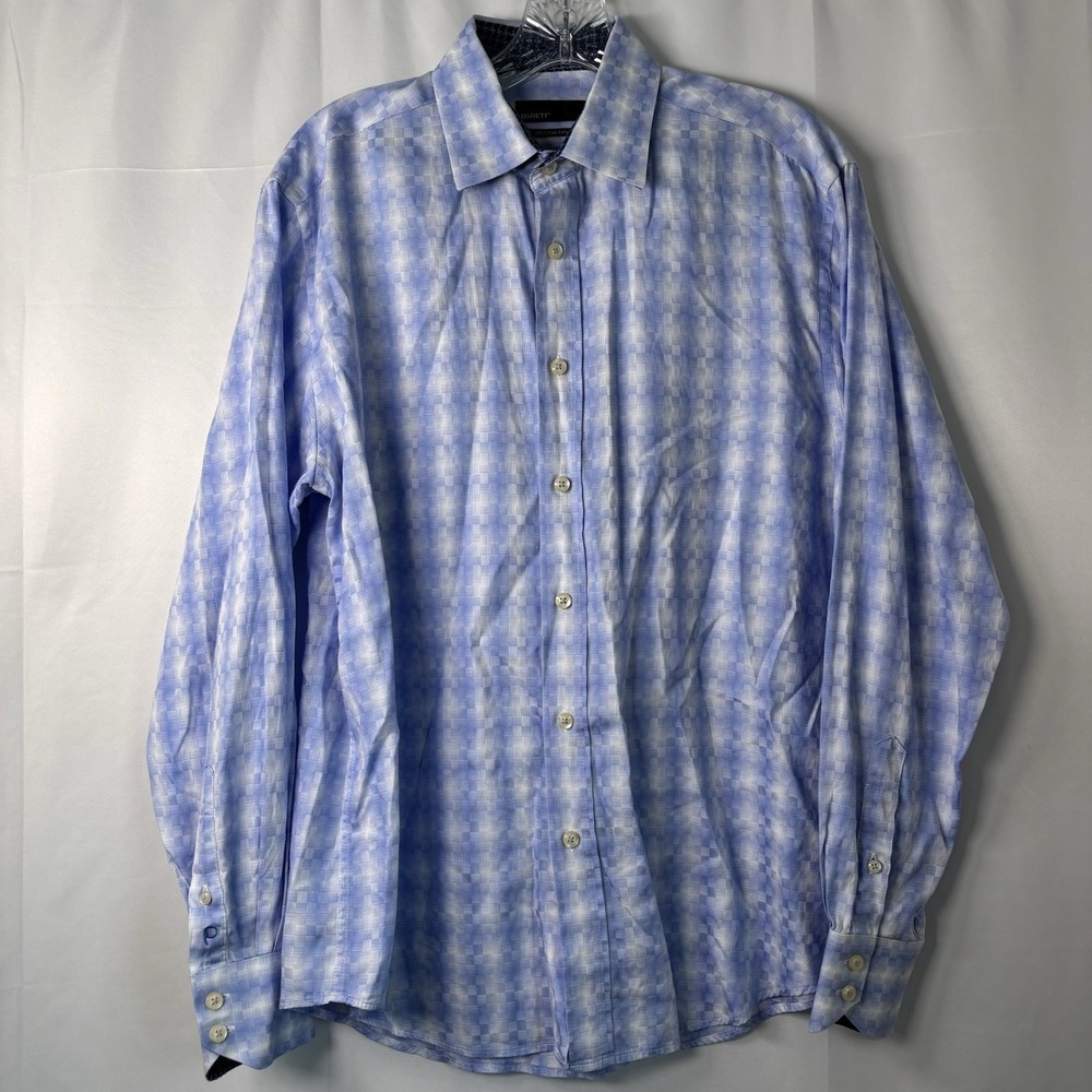 QUIETI Men's Fine Cotton Blue Patterned Long Sleeve Button‎ Down Dress Shirt 44
